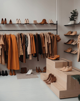image showing boutique interior with a selection of shoes and clothing in earthy tones
