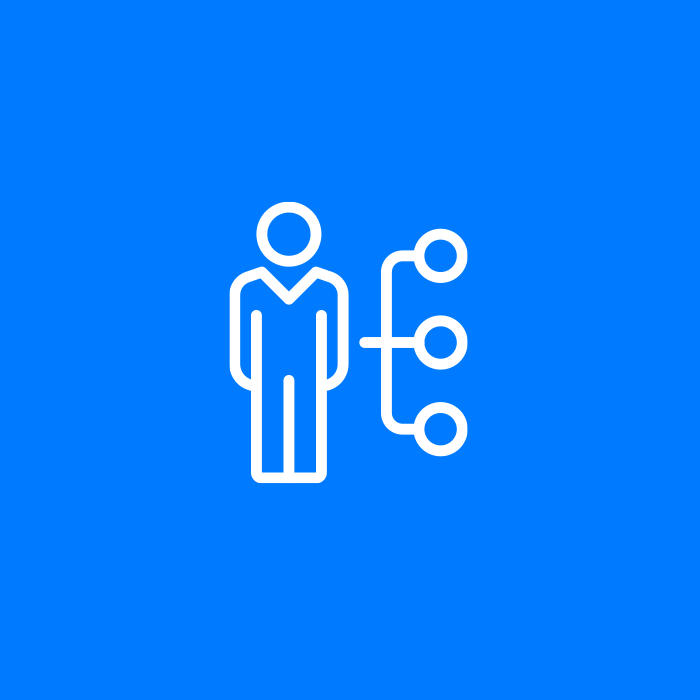 White icon of a person with a technology interface on a blue background, symbolizing human-tech integration.