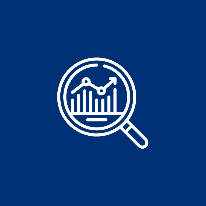 White icon of a magnifying glass over a graph, on a blue background, representing data analysis