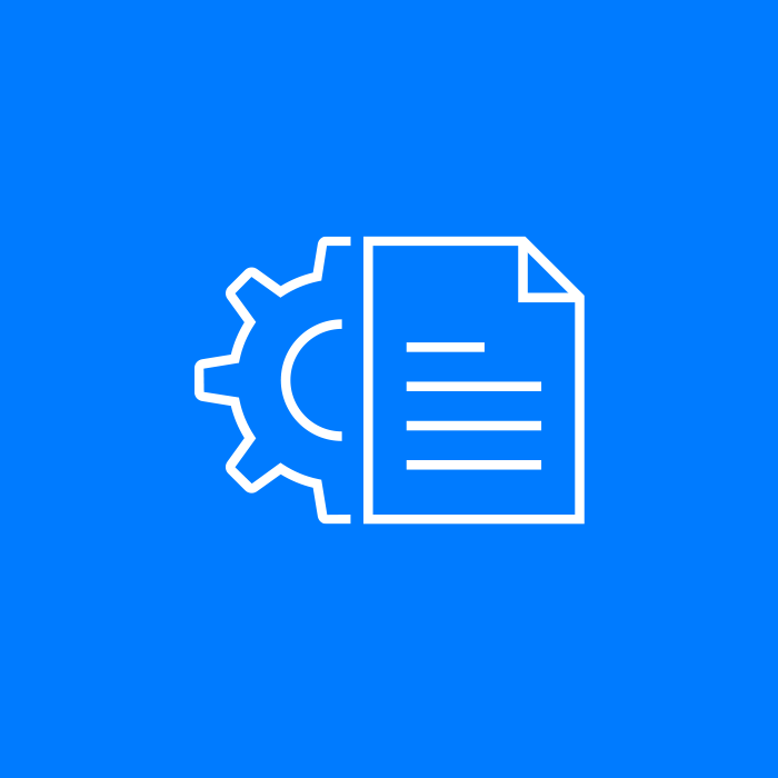 White gear and document icon on blue background
