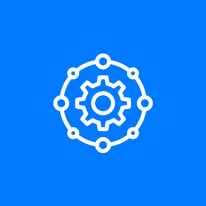 White icon of a gear surrounded by a network of connections on a blue background, representing collaboration