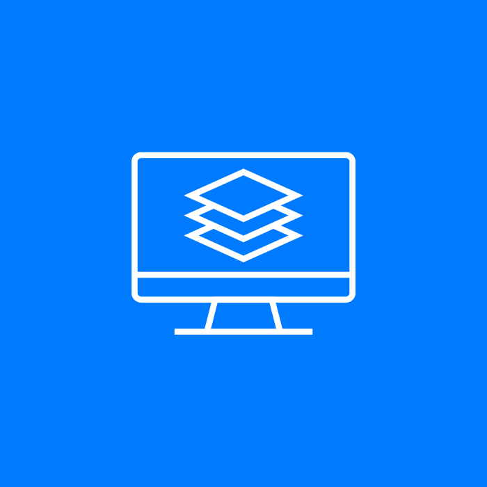 White icon of a monitor displaying layers on a blue background