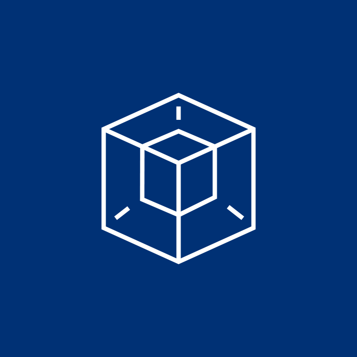 White outline of a 3D cube on a solid blue background, representing flexibility