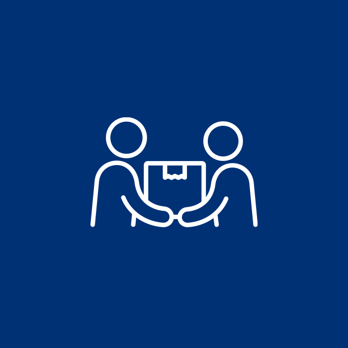 White icon of two people exchanging a package over a blue background, representing transaction