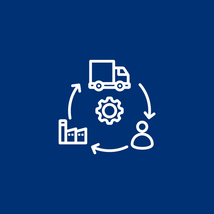 White icons of a delivery truck, factory, gear, and person connected by arrows in a circular flow on a blue background, symbolizing supply chain management