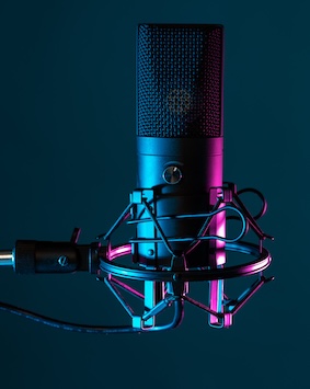 Studio microphone image with a shock mount and pop filter