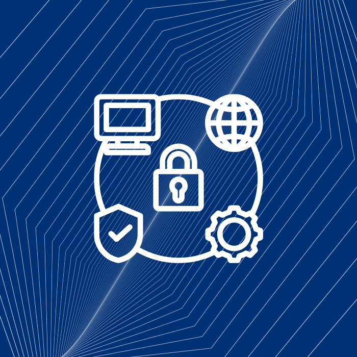 White symbols of a computer, globe, padlock, gear, and shield on a blue digital background, depicting cybersecurity.