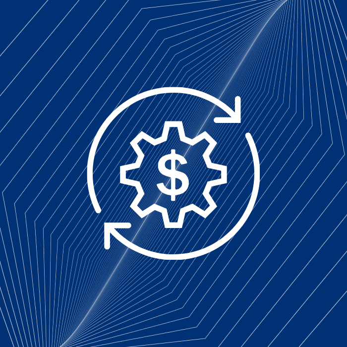 Graphic of a gear with a dollar sign, circled by arrows on a blue digital pattern