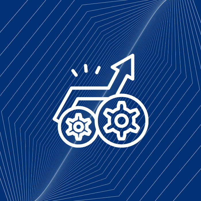 A forward upward arrow graphic symbol merging with gears on a blue circuit-patterned background
