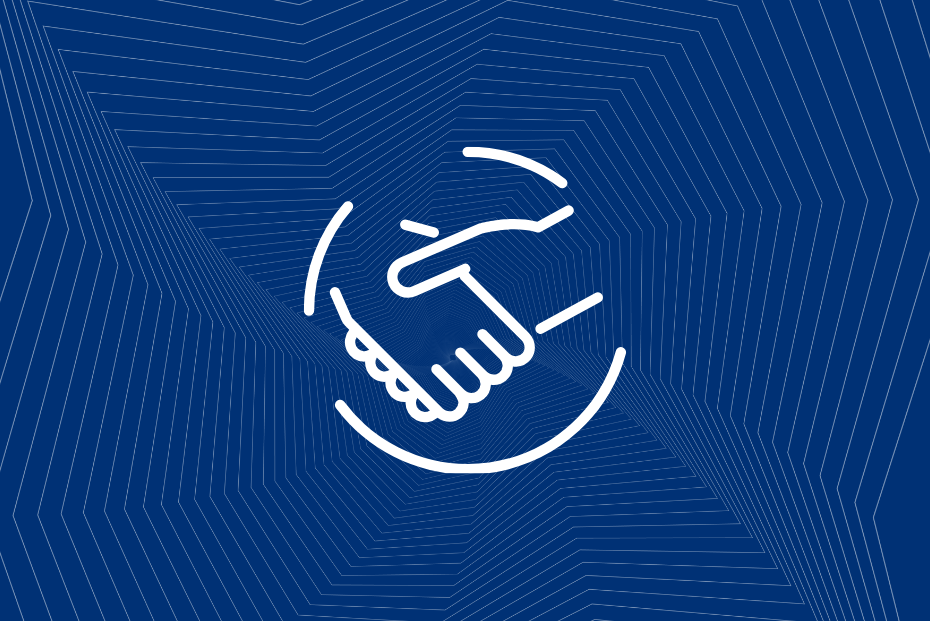 Handshake icon outlined on a blue background.