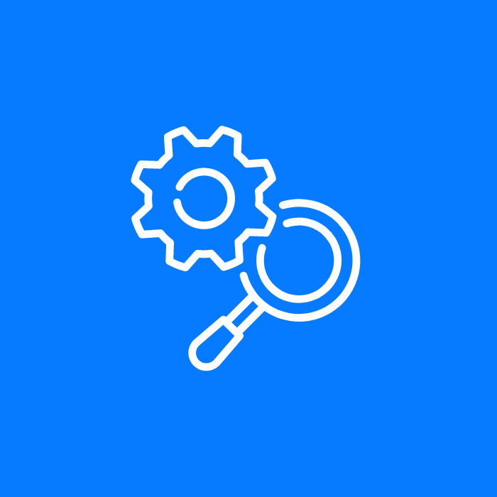 Search and settings icon with gear and magnifying glass on blue background.