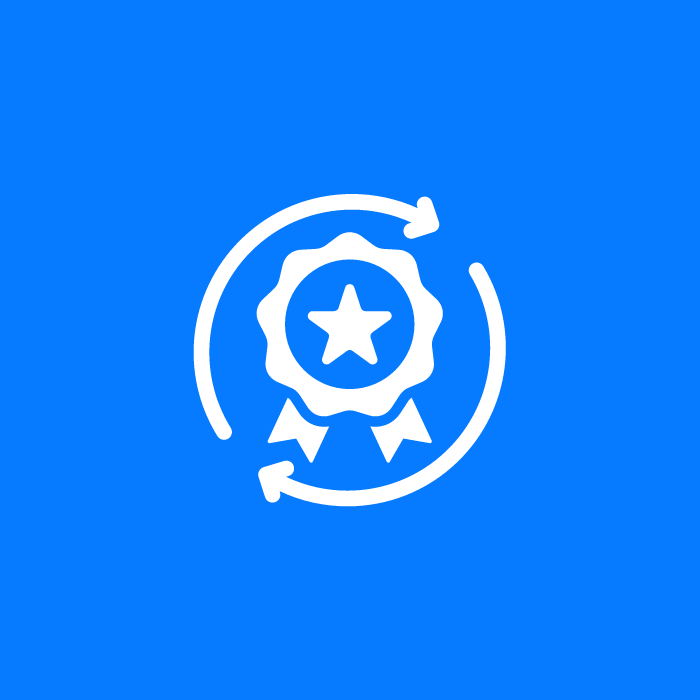 A white badge with a star encircled by arrows on a blue background, symbolizing Consistency