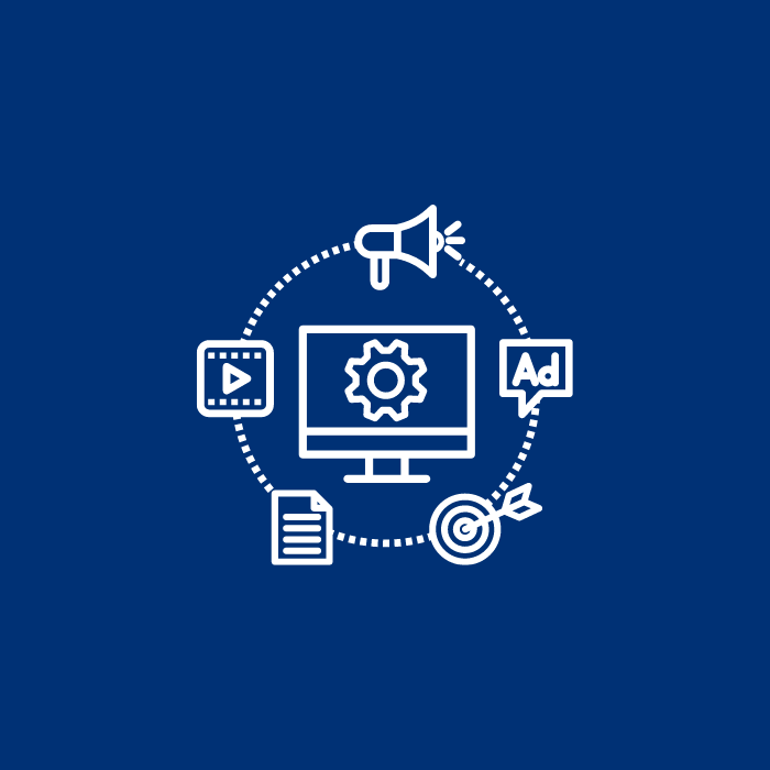 Digital marketing icons surrounding a computer on a blue background.