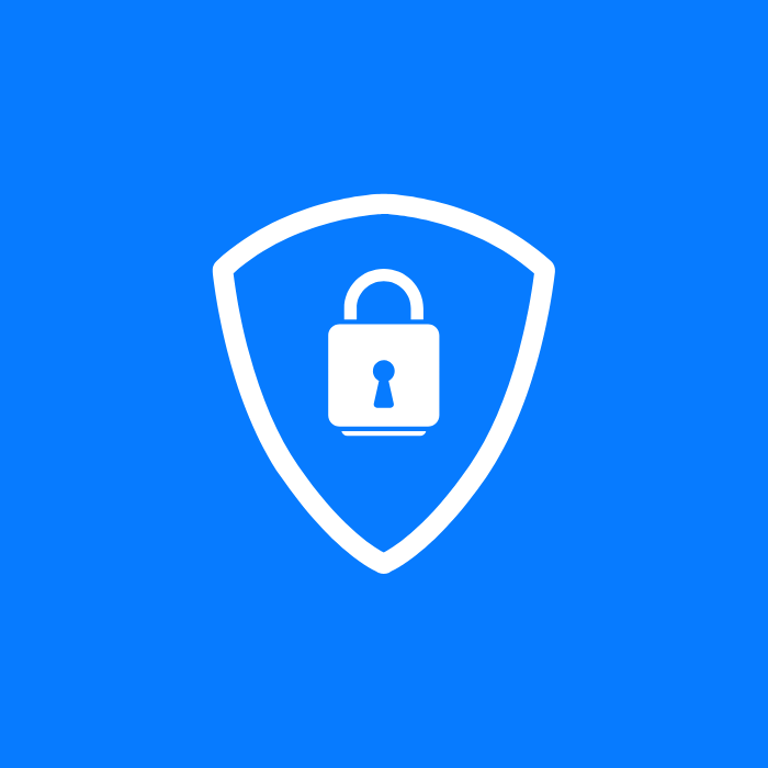 White shield with padlock icon on blue background, symbolizing privacy or digital protection.