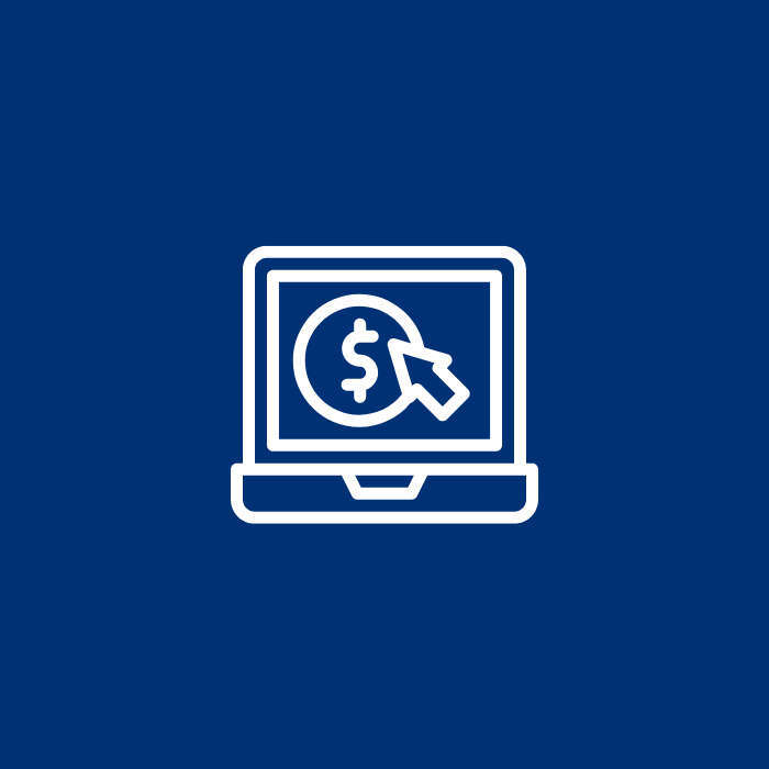 Money icon in white on blue background, symbolizing digital communication.