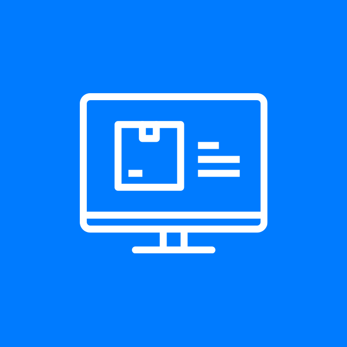 White icon of a computer monitor displaying a package and a list on a blue background